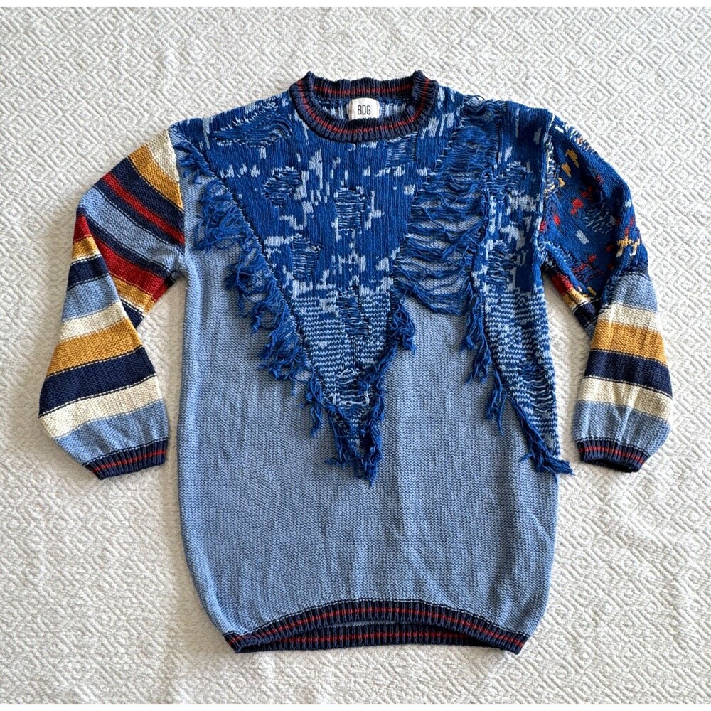 BDG Women's Blue Fringe Knit Pullover Sweater Striped Long Sleeve Crew Sz M